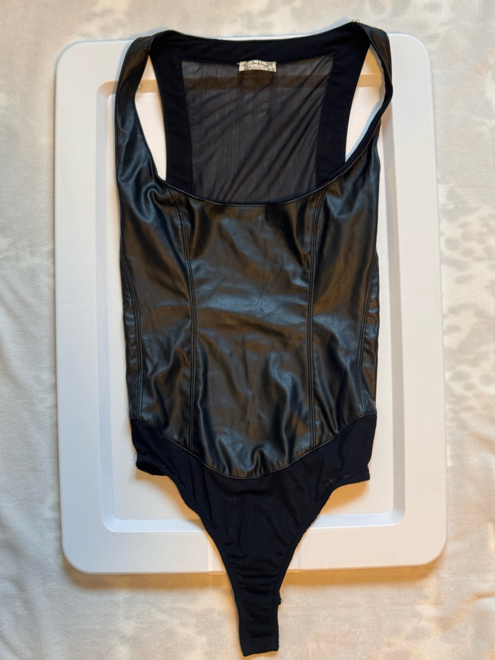 Free People Black Faux Leather and Mesh Racerback Bodysuit